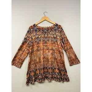 Boho Southwestern Song n Spirit Womens Large Orange Ikat Ruffle Roll Tab Tunic
